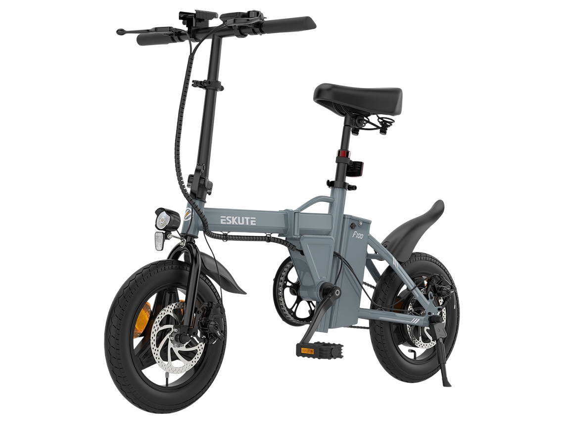 Bicicleta eléctrica plegable Eskute F100 de 14 pulgadas, gris, motor de 250 W, batería de 36 V y 9 Ah, autonomía de 55 km, velocidad máxima de 25 km/h, frenos de disco.