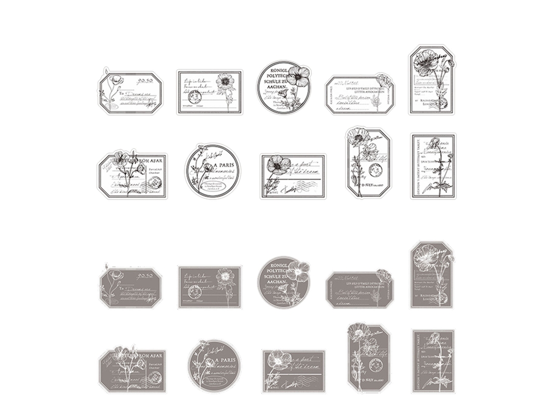 20 pegatinas decorativas para manualidades con diseño de plantas y flores, con temática de amapola de maíz en blanco y negro.