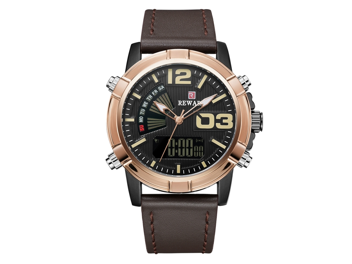 Reloj Reward 63092m Para Hombre, Resistente Al Agua, Con Doble Movimiento Y Correa De Piel Sintética Negra Y Oro Rosa.