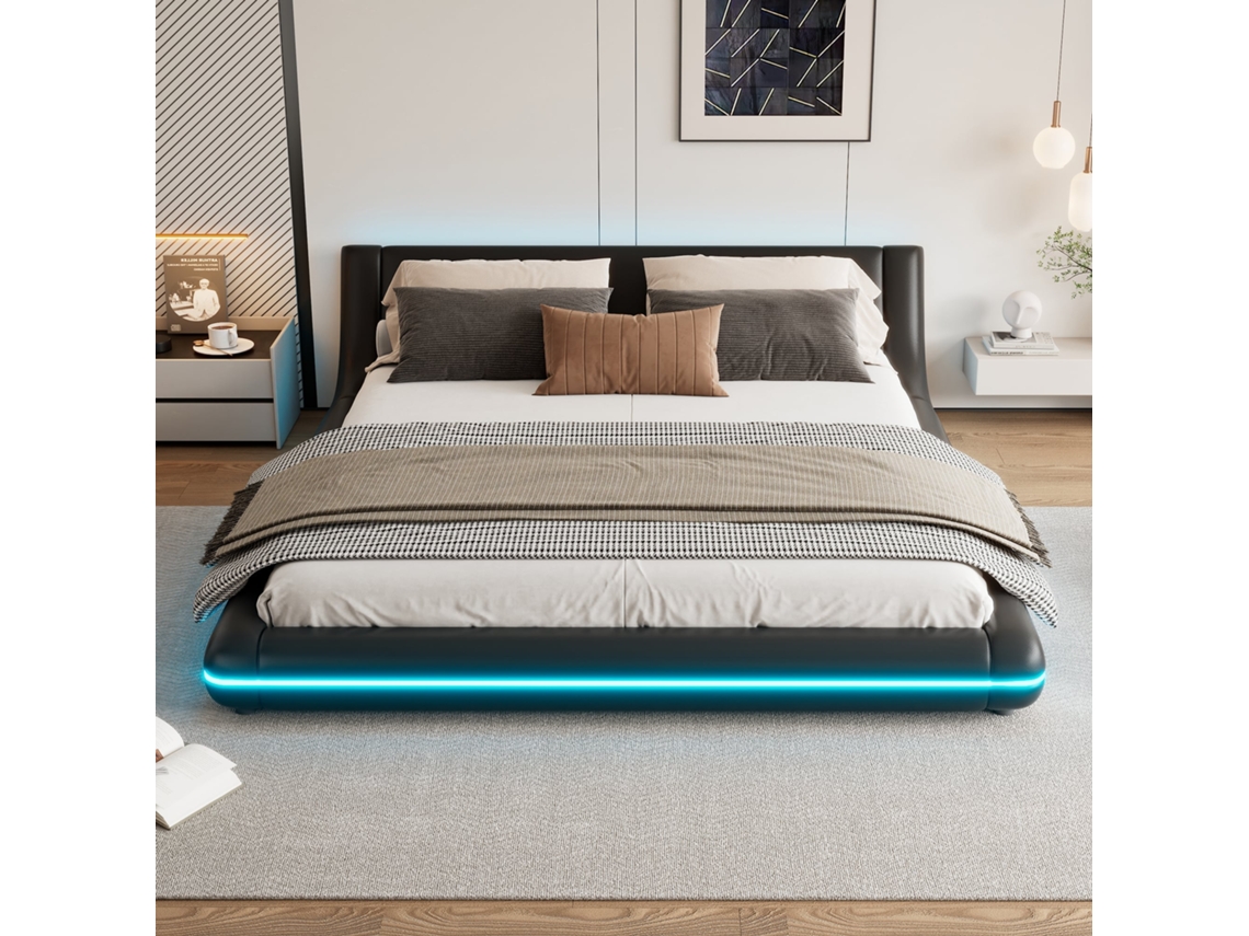 Cama Plana 160x200cm, Led Ambiental (app), Carga 220kg, Sin Colchón, Negra