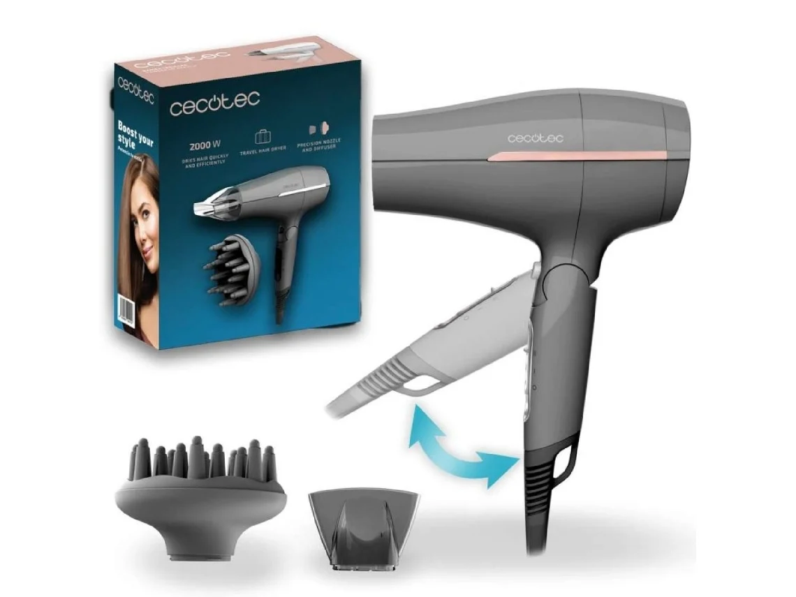 Cecotec Secador De Pelo De Viaje Ionicare Power&amp;go Heaven Grey. 2000w, 2 Temperaturas, 2 Velocidades
