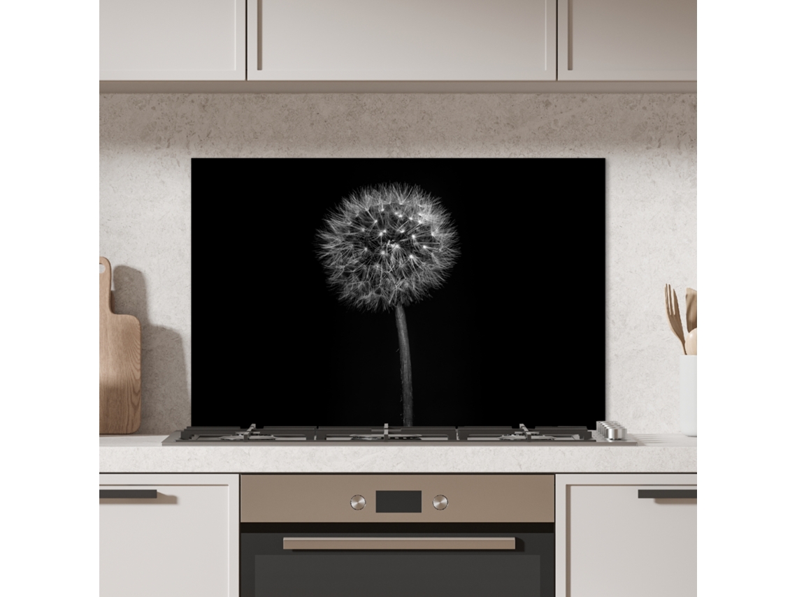 Panel Antisalpicaduras Cocina Diente De León - Negro - Floral - Botánico 90x60 Cm
