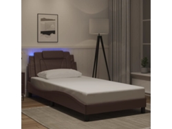 Estructura Cama Con Luces Led Cuero Sintético Marrón 100x200 Cm