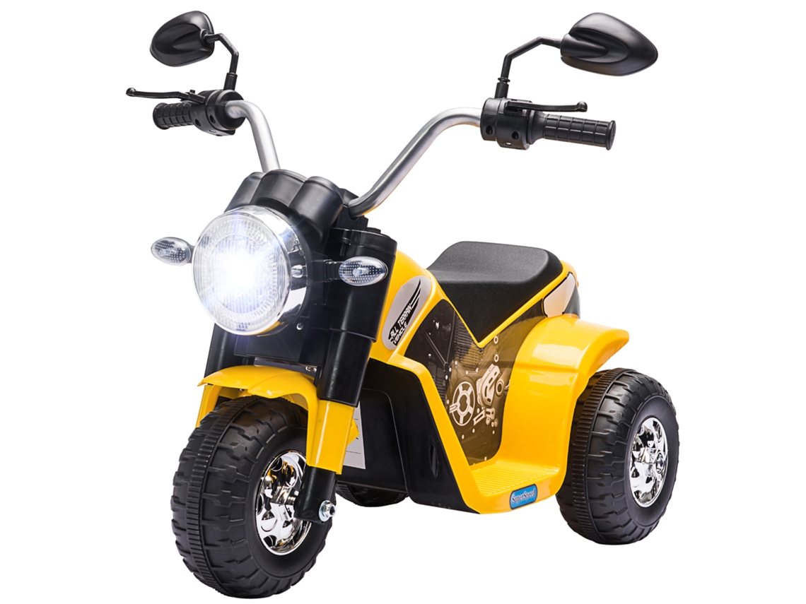 Motocicleta eléctrica todoterreno tipo chopper para niños, 6V 20W, ruedas delanteras y traseras, efectos de luz y sonido, amarillo/negro.