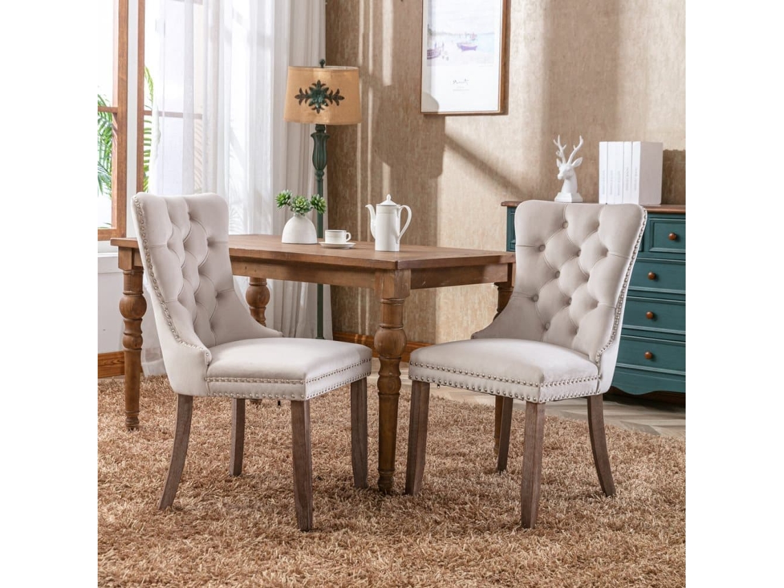 Silla De Comedor 2 Unidades - Terciopelo Acolchado, Madera Maciza, Clavos Decorativos - Beige