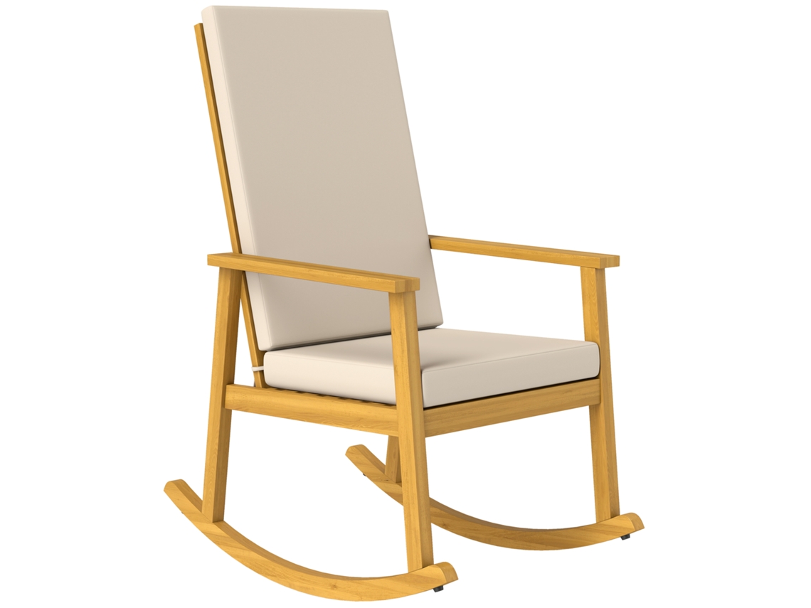 Mecedora de madera de acacia con respaldo alto, color beige.