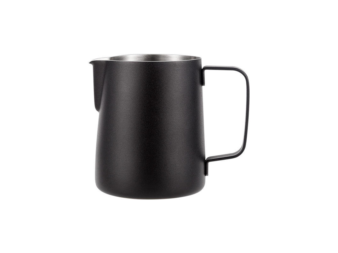 Taza de acero inoxidable negra para latte art con boquilla, vaporizador de café y escala graduada. Sfushos