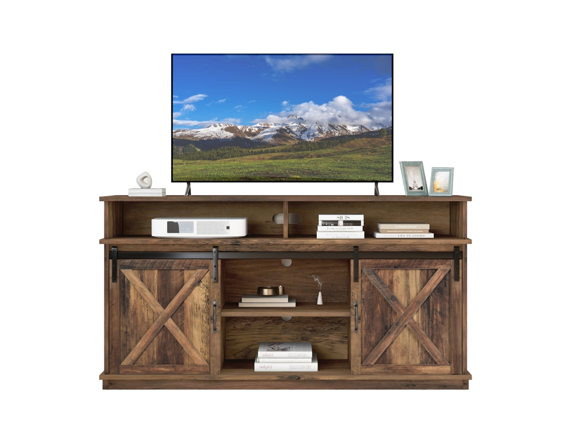 Mueble de TV rústico de 148x40x78cm con 2 puertas correderas y estantes ajustables para salón.