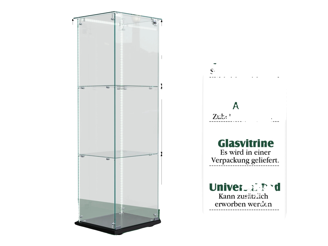 Vitrina de cristal con iluminación LED, diseño que ahorra espacio, tres estantes, color negro con tira de luz.