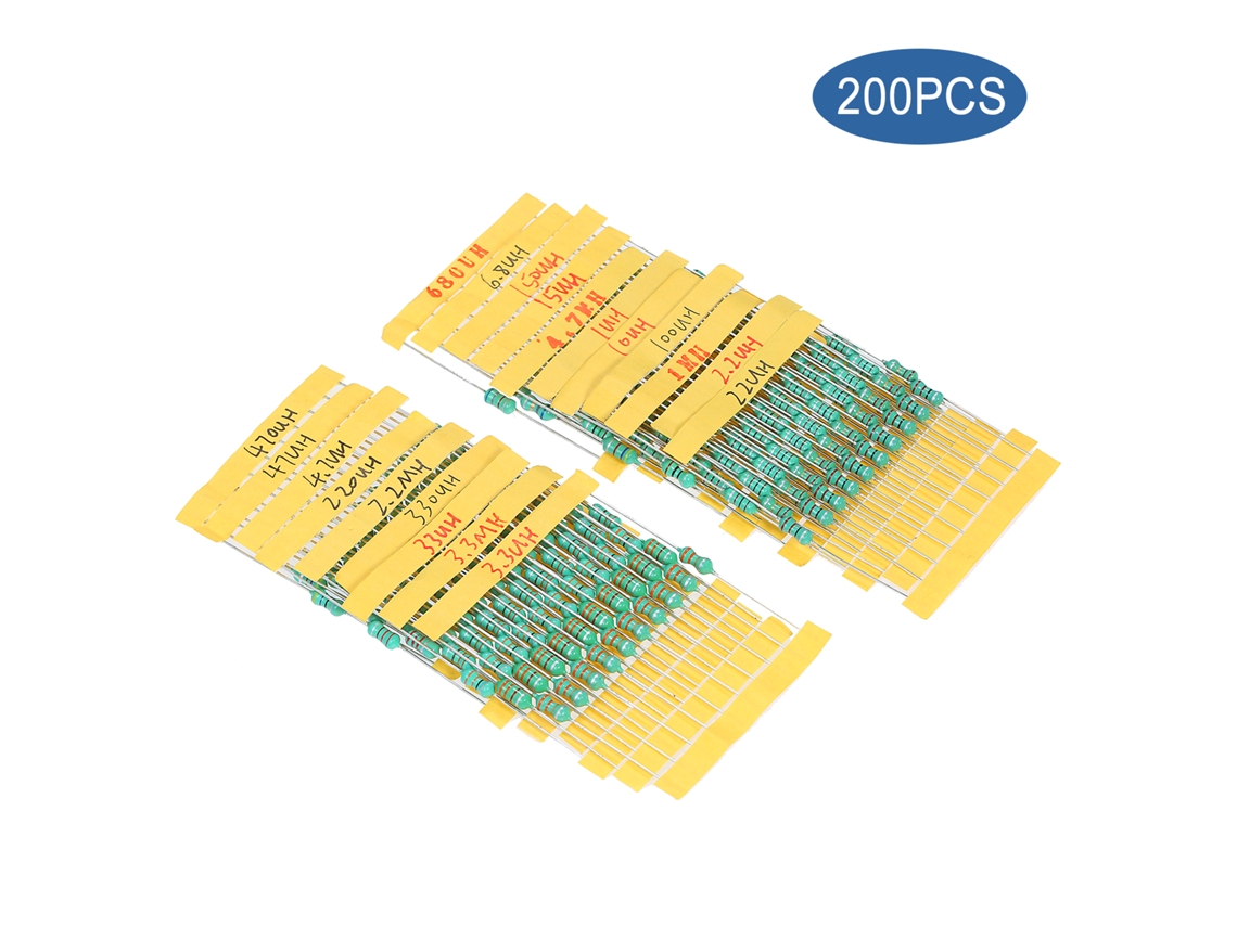 Kit De 200 Inductores Dip Con Anillo Cromático, 1w, Tolerancia ±10%, 1/10/100/2.2/22/220/3.3/33/330/4.7/47/470/6.8/680/15/150μh, 1/2.2/3.3/4.7mh