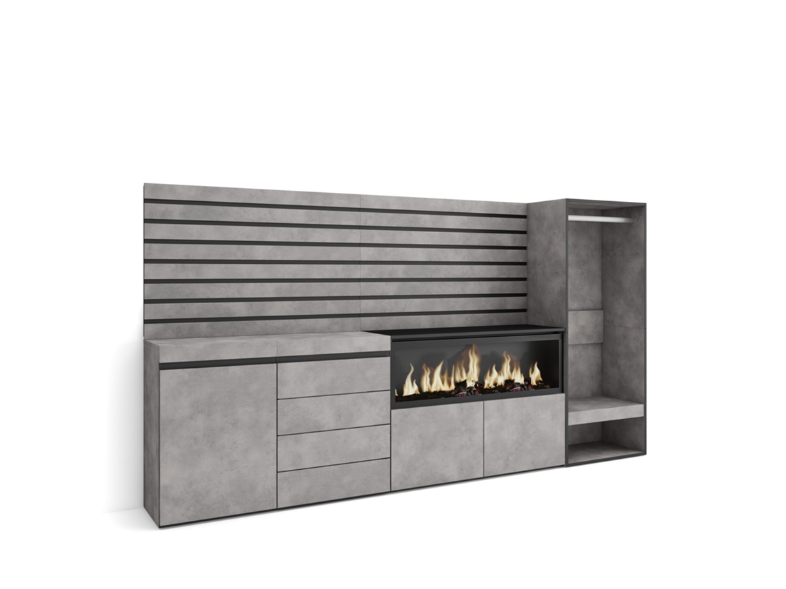 Aparador, Buffet | Amplio Espacio de Almacenamiento | 274x145x35 Cm | para Dormitorio con Chimenea Eléctrica XXL | Cómoda | Armario Abierto | cemento Duérmete Online