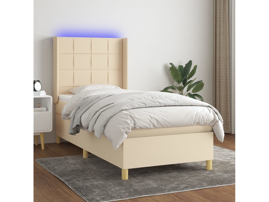 Cama Box Spring Colchón Y Luces Led Tela Crema 100x200 Cm