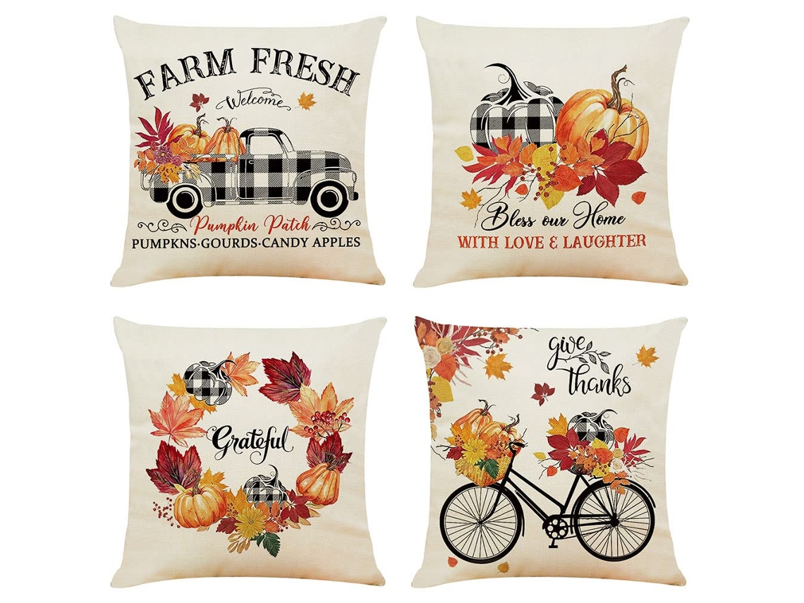 Fundas de almohada de decoración otoñal con estampado exquisito y cierre de cremallera oculto, juego de 4 piezas (amarillo y naranja)