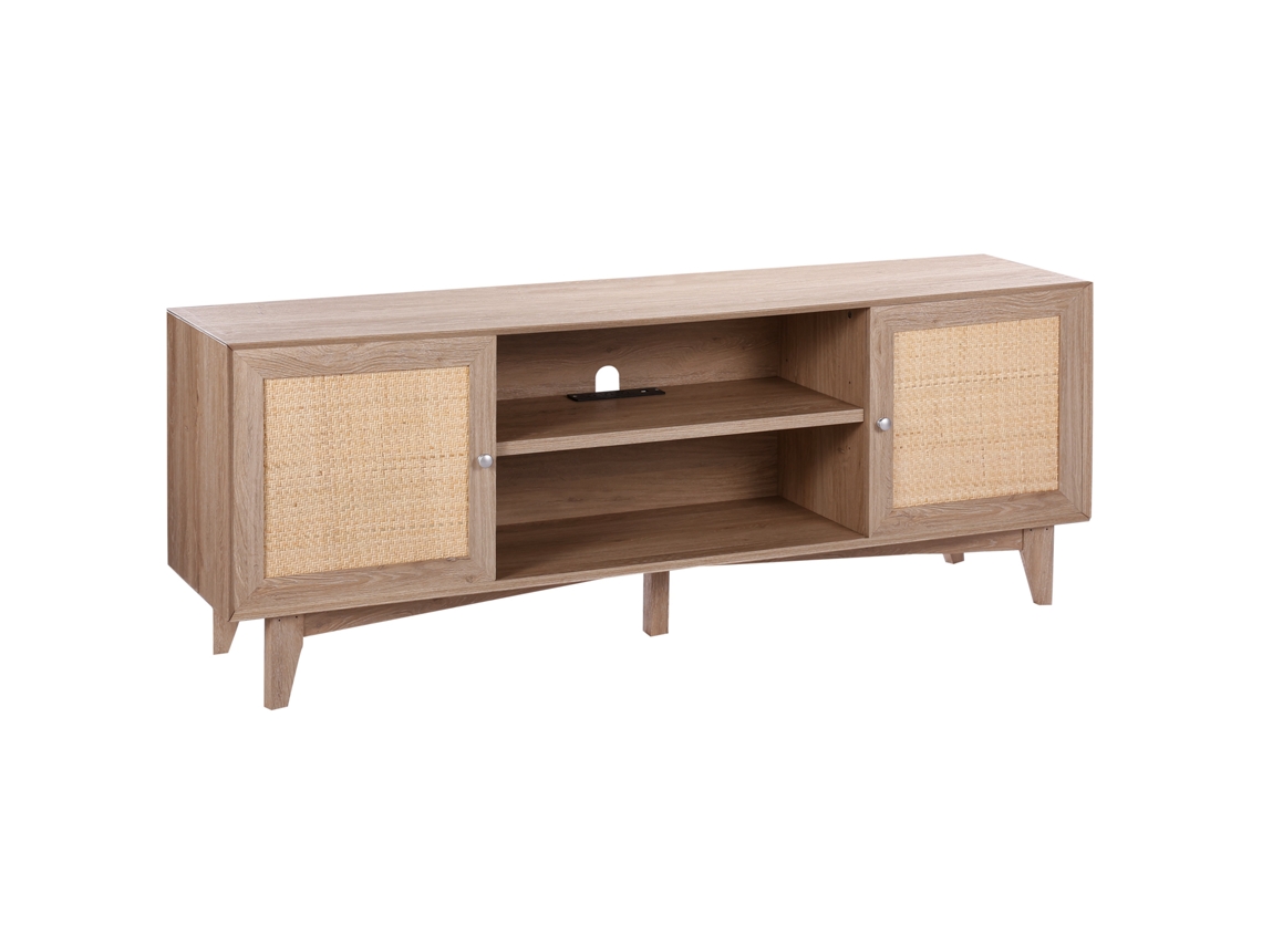 Soporte de TV VEVOR Rattan para TV Boho de 75 Pulgadas con Enchufe Incorporado en Roble