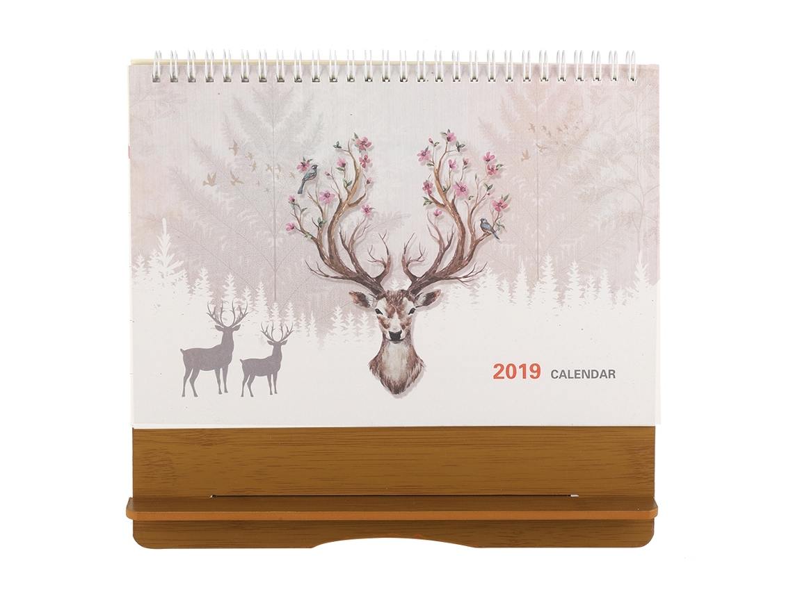 Calendario de escritorio 2019 con marco de madera, ideal para el hogar, el estudio o la oficina (alce)
