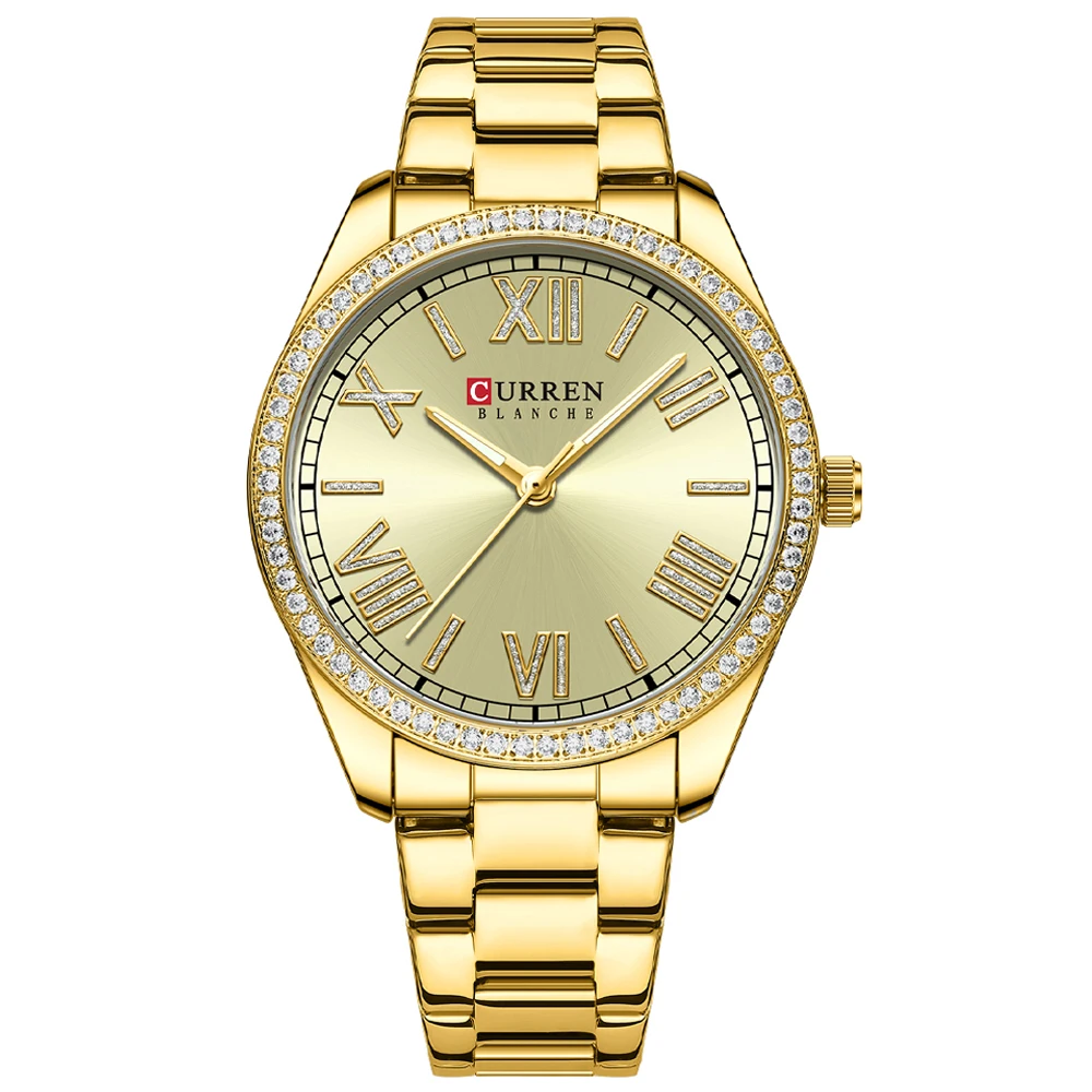 Reloj de pulsera para mujer (dorado), esfera con diamantes, elegantes agujas luminosas, caja de acero inoxidable.
