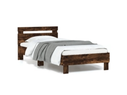 Estructura De Cama Cabecero Luces Led Roble Ahumado 90x190 Cm