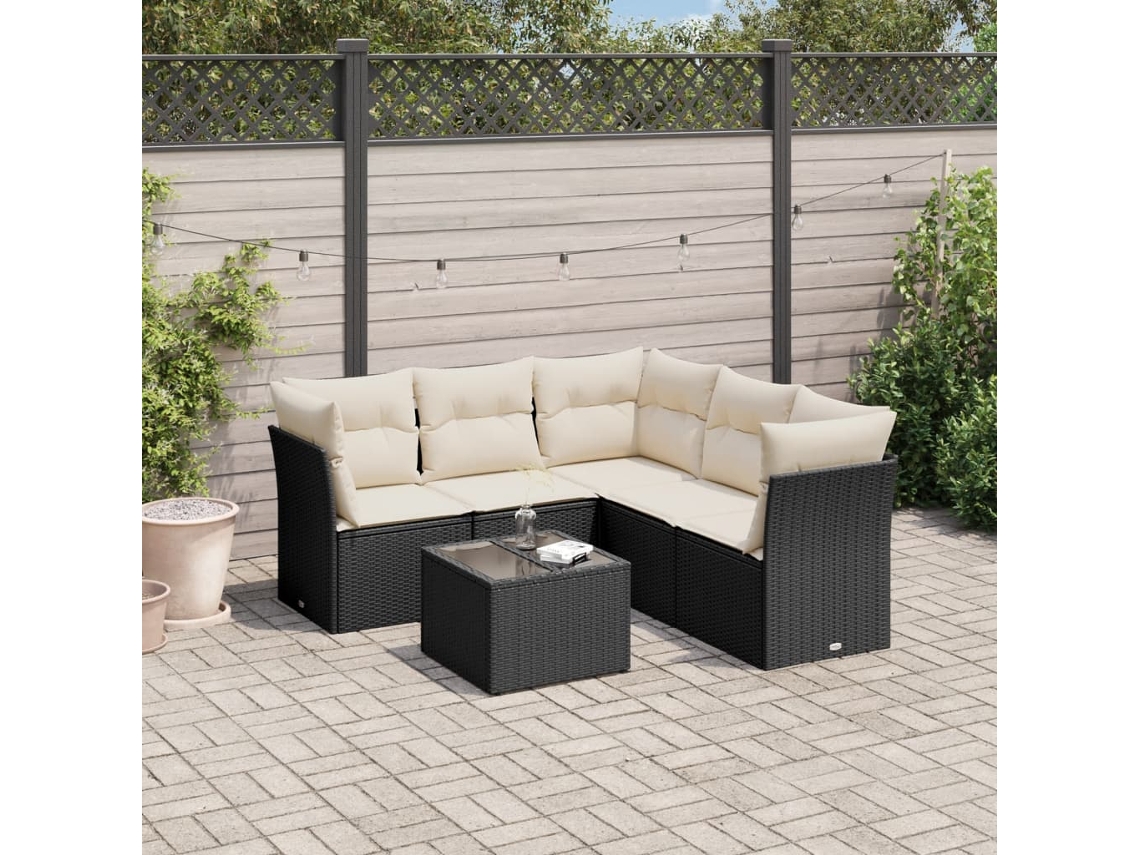 Conjunto de sofá de jardín de 6 piezas con cojines, mimbre sintético negro, DKD Home Decor