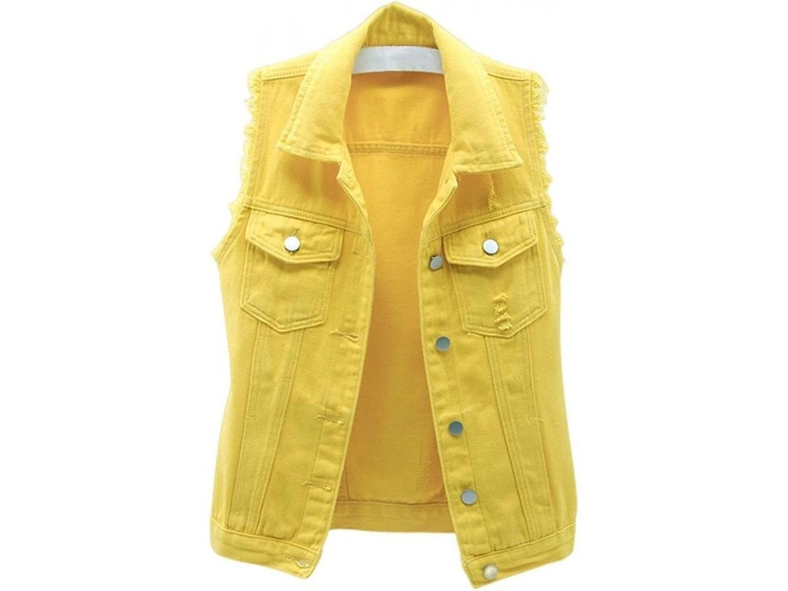 2026-chaleco Vaquero Corto Para Mujer Sin Mangas Con Botones Y Rasgaduras Casual Hys Pequeño Amarillo