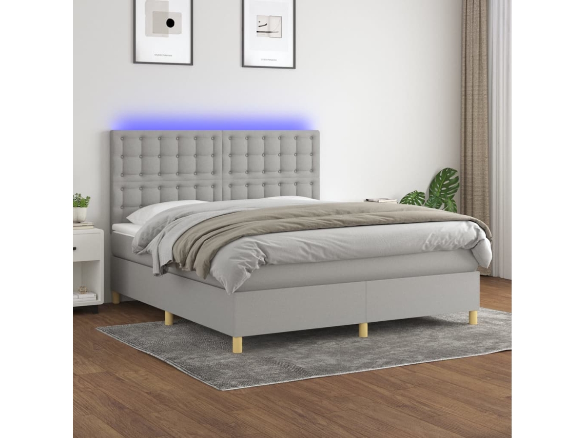 Cama Box Spring Colchón Y Luces Led Tela Gris Claro 160x200 Cm