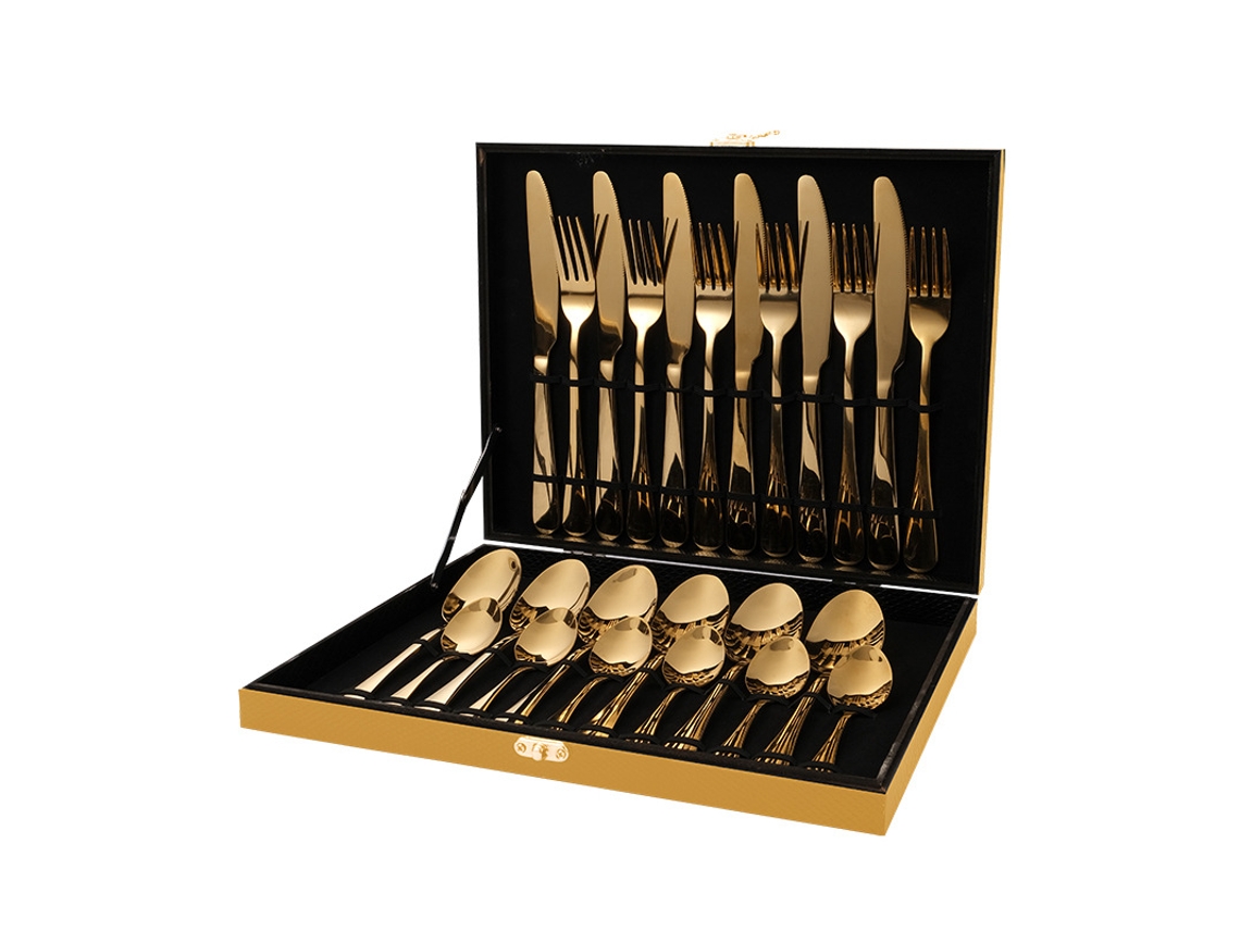 Juego de cubiertos de acero inoxidable, 24 piezas, para 6 personas, color dorado.