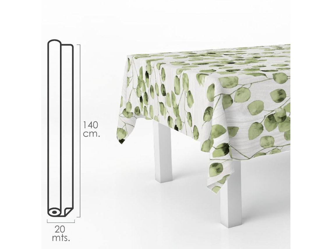 Mantel Hule Rectangular Hojas Verdes. Impermeable Antimanchas PVC 140 cm x 20 metros. Rollo Recortable. Interior y Exterior ORYX