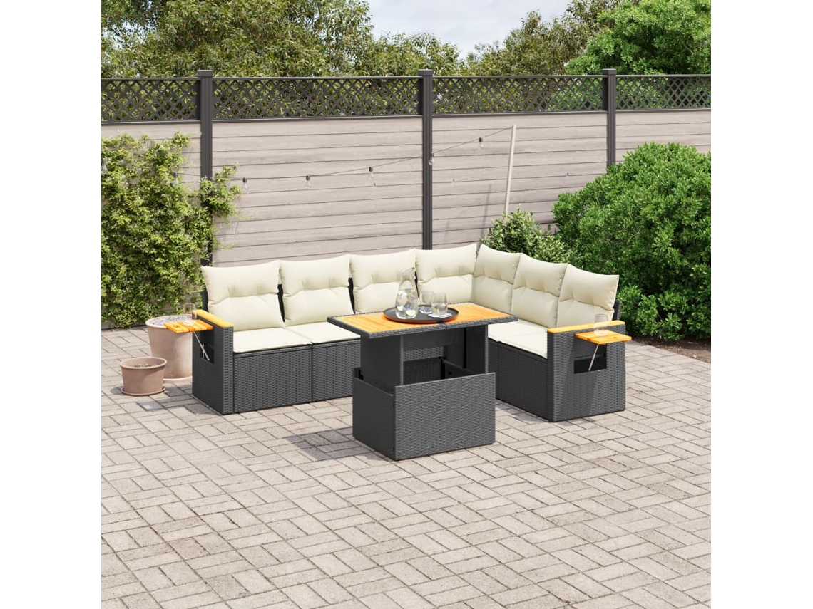 Conjunto de sofá de jardín de 7 piezas con cojines de mimbre negro de DKD Home Decor