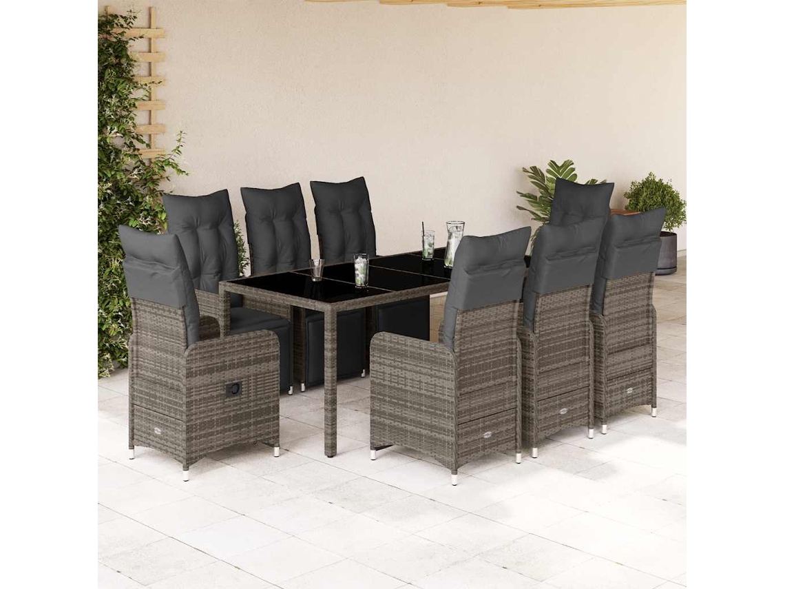 Conjunto de bistró de jardín de 9 piezas con cojines de mimbre gris de DKD Home Decor