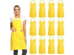 2026da-delantal Bib Plano 12 Pack Con 2 Bolsillos Amarillo Unisex Para Cocina Restaurante Bbq Pintura Artesanía