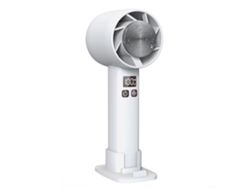 Ventilador portátil MDUG recargable por USB con pantalla digital y soporte de sobremesa.