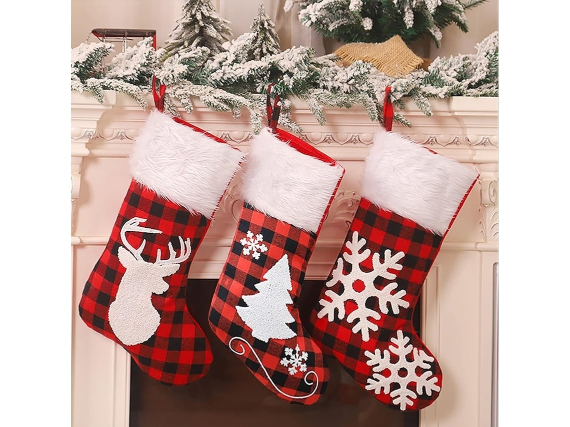 Juego De Calcetines Navideños, 3 Piezas, Calcetines Grandes De 48 Cm (19 Pulgadas) A Cuadros Rojos Y Negros Con Ribete De Piel Y Decoración.