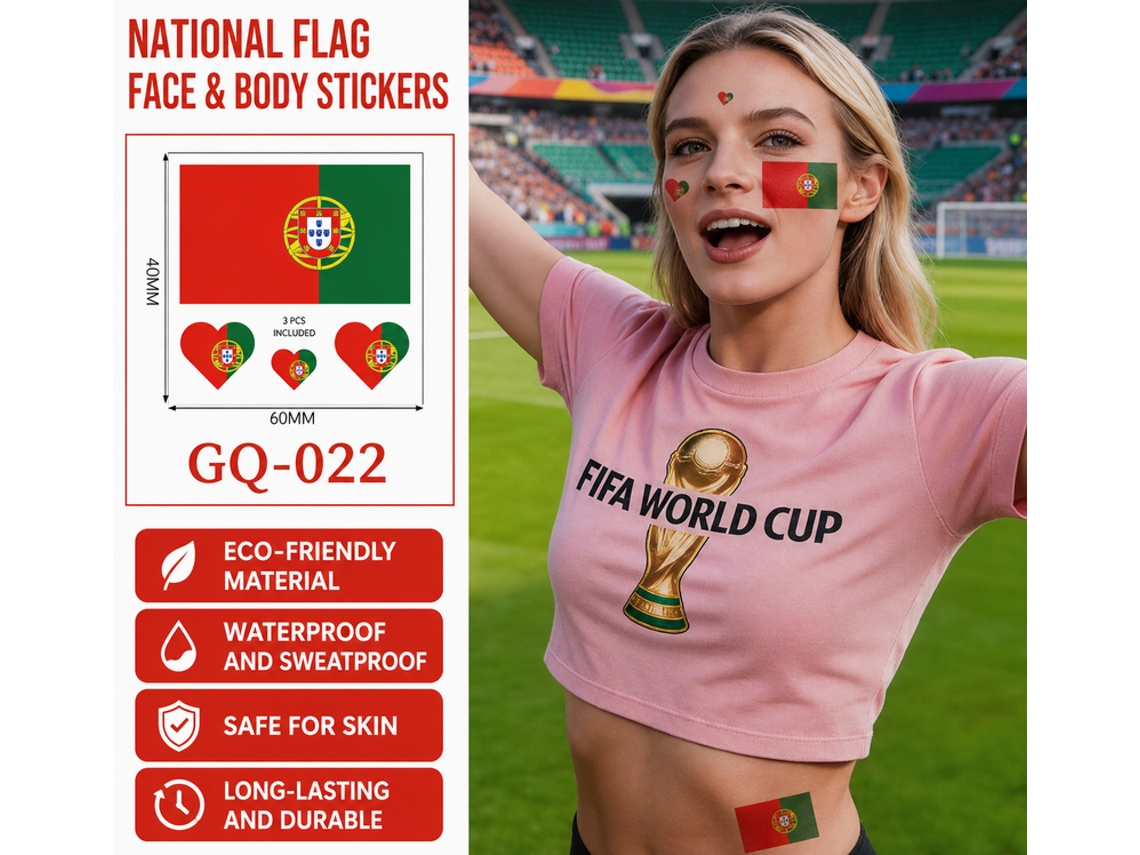 Pegatinas Temporales Bandera Portugal, 10 Unidades, Material Ecológico Impermeable, Seguro Piel Para Hinchas Fútbol.
