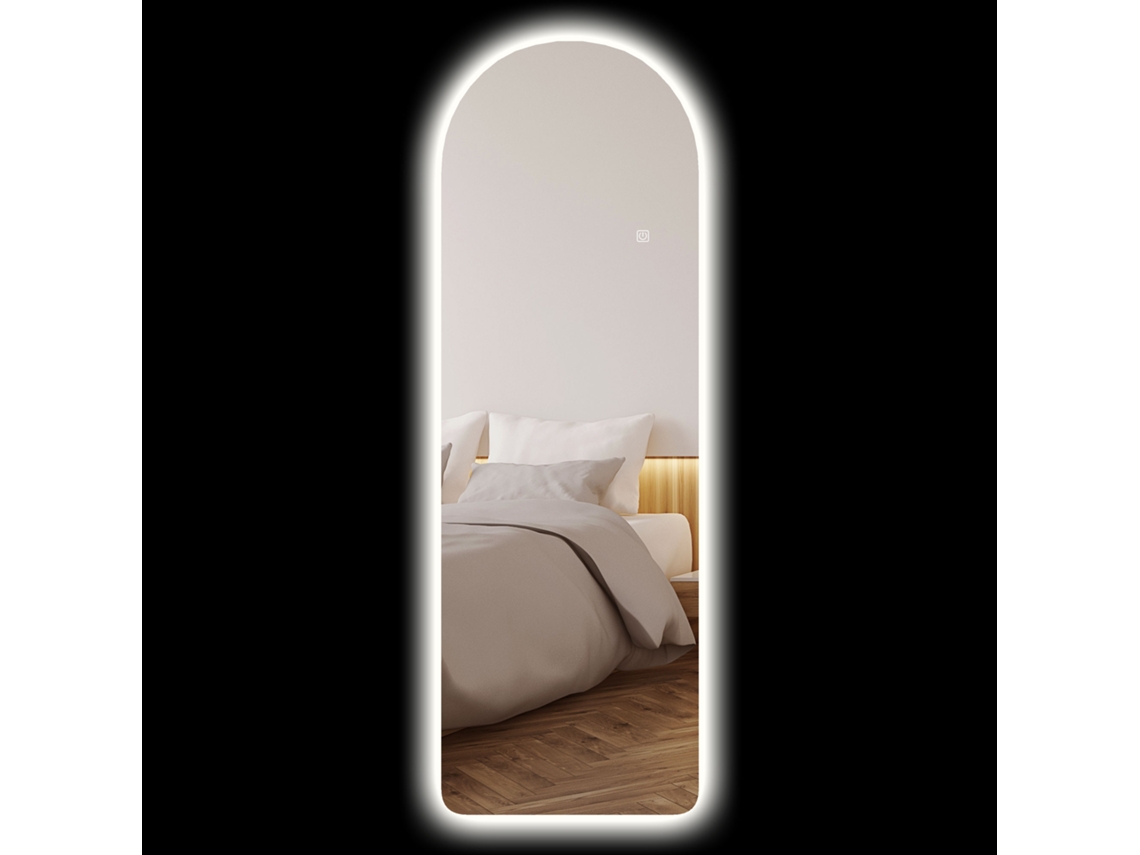 Espejo de pared arqueado transparente de 40x3x120cm, con control táctil LED ajustable, cristal templado y función de memoria.