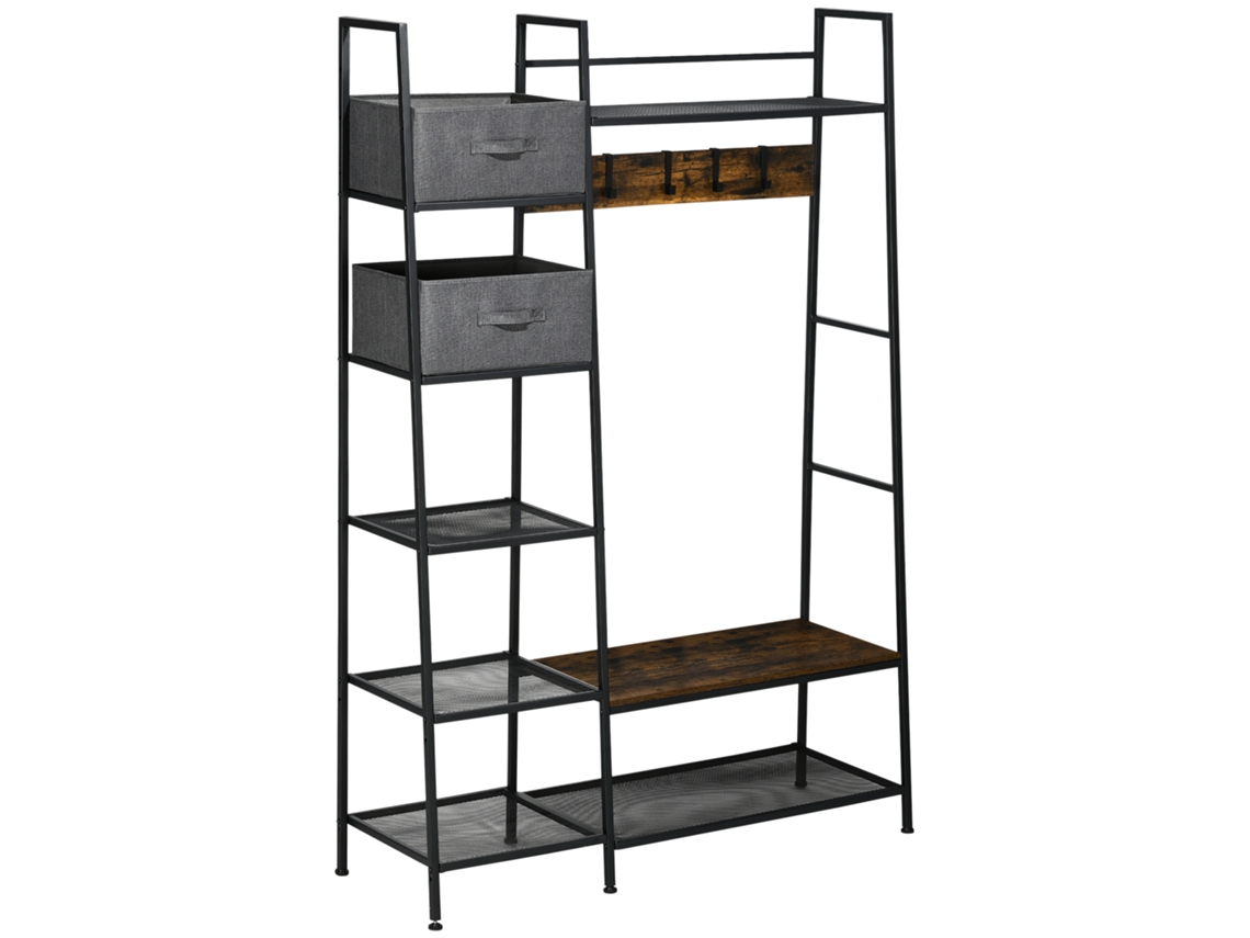 Perchero/mueble De Almacenamiento Para Recibidor, 6 Estantes, 4 Ganchos, 2 Cajones De Tela, 125 X 43 X 185,5 Cm, Fabricado En Acero Y Madera.