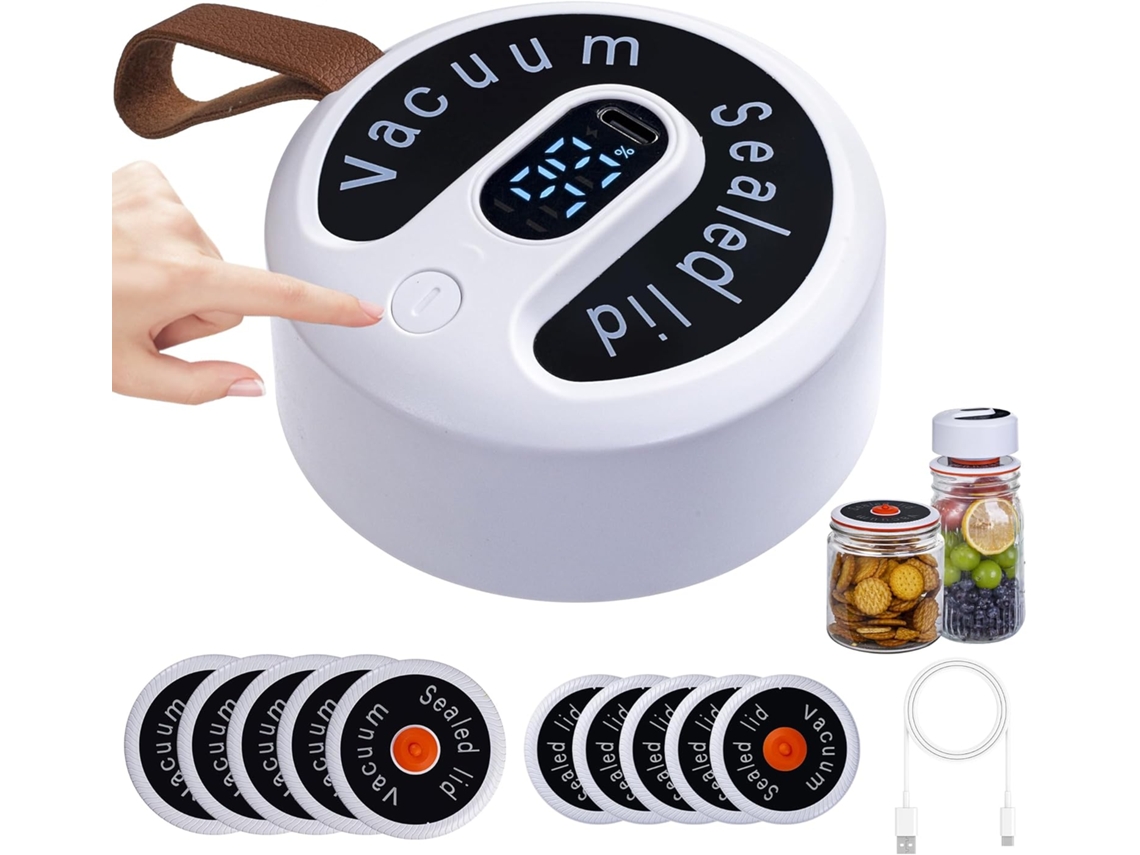 Selladora al vacío eléctrica Chrui con 10 tapas, ideal para frascos de vidrio de boca ancha y regular.
