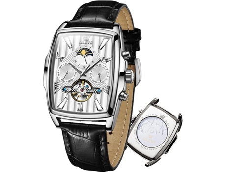 VEANXIN Reloj de cuero Tonneau rectangular vintage hueco luminoso impermeable fase lunar automático para hombre(plata)