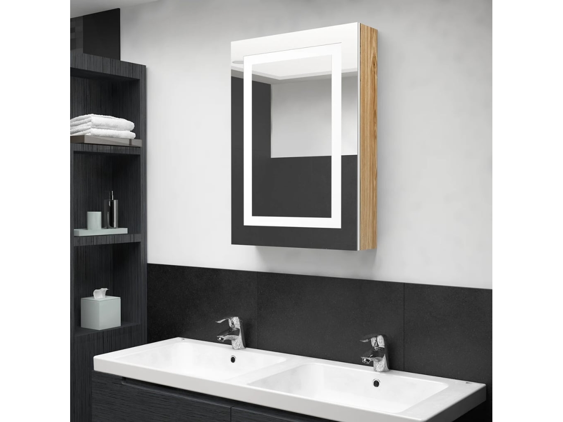 Armario de baño con espejo e iluminación LED, 50x13x70 cm, blanco/roble