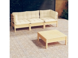 4 Piezas Conjunto Lounge Jardim C/ Almofadões Creme Pinho Dkd Home Decor