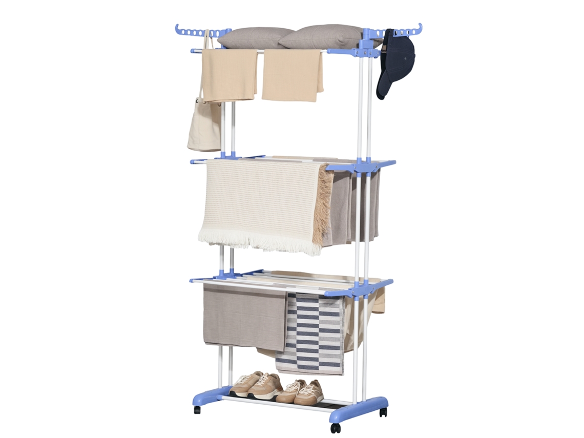 Tendedero Plegable Con Ruedas Y Alas Laterales, Azul Y Plata Compacto