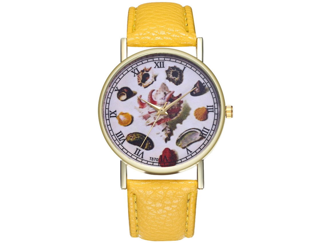 Reloj De Cuarzo Con Correa De Cuero Pu, Dial De Concha, Unisex, Amarillo