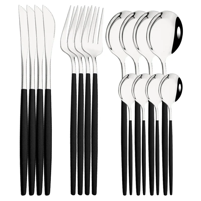 Juego de cubiertos de acero inoxidable, incluye cuchillo, tenedor y cuchara de café, para uso doméstico MDUG (negro y plateado, juego de 16 piezas)