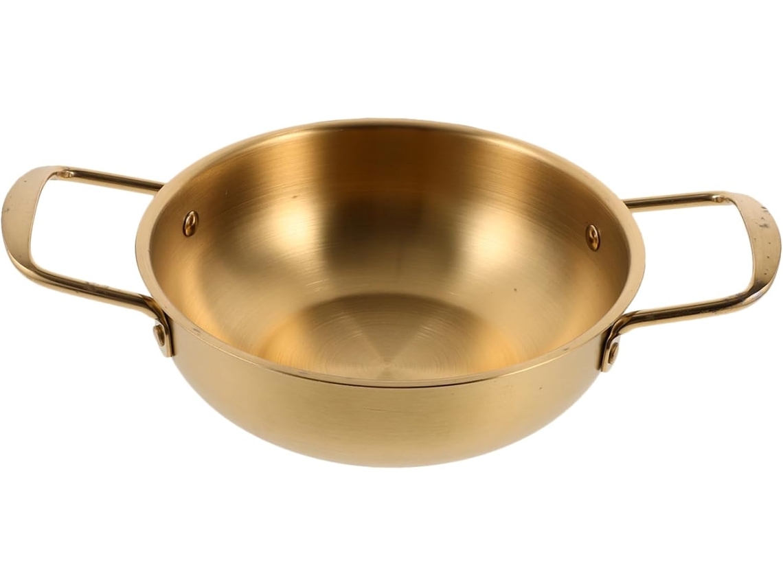 Olla Para Ramen De Acero Inoxidable, 18 Cm, Acabado Dorado, Asas Dobles, Duradera.