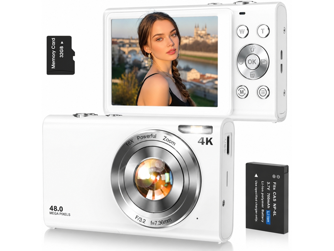 Cámara Digital 4k De 48 Mp Con Enfoque Automático, Zoom 16x Y Tarjeta De 32 Gb (blanca).