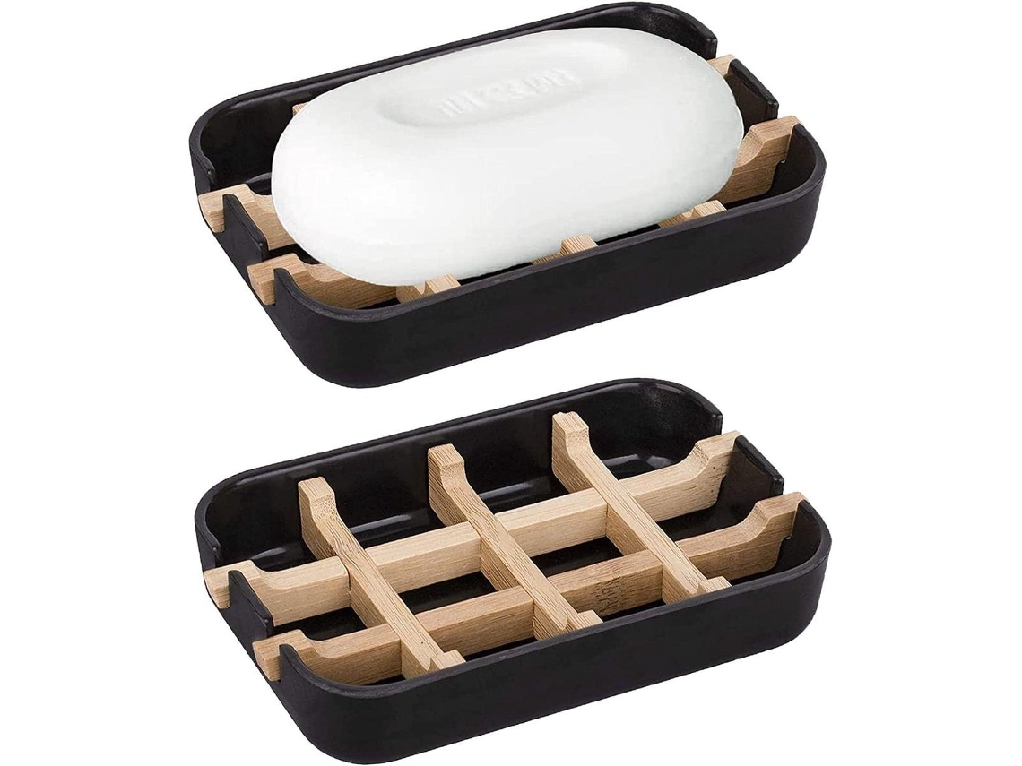 Jabonera de bambú extraíble de 13 x 7,9 x 2,4 cm con drenaje horizontal (juego de dos)