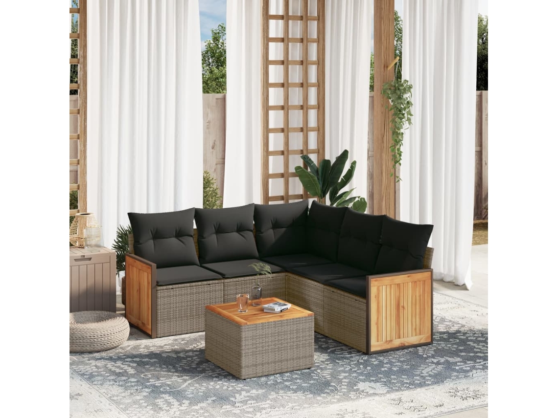 Conjunto de sofá de jardín de 6 piezas con cojines de mimbre gris, Dkd Home Decor