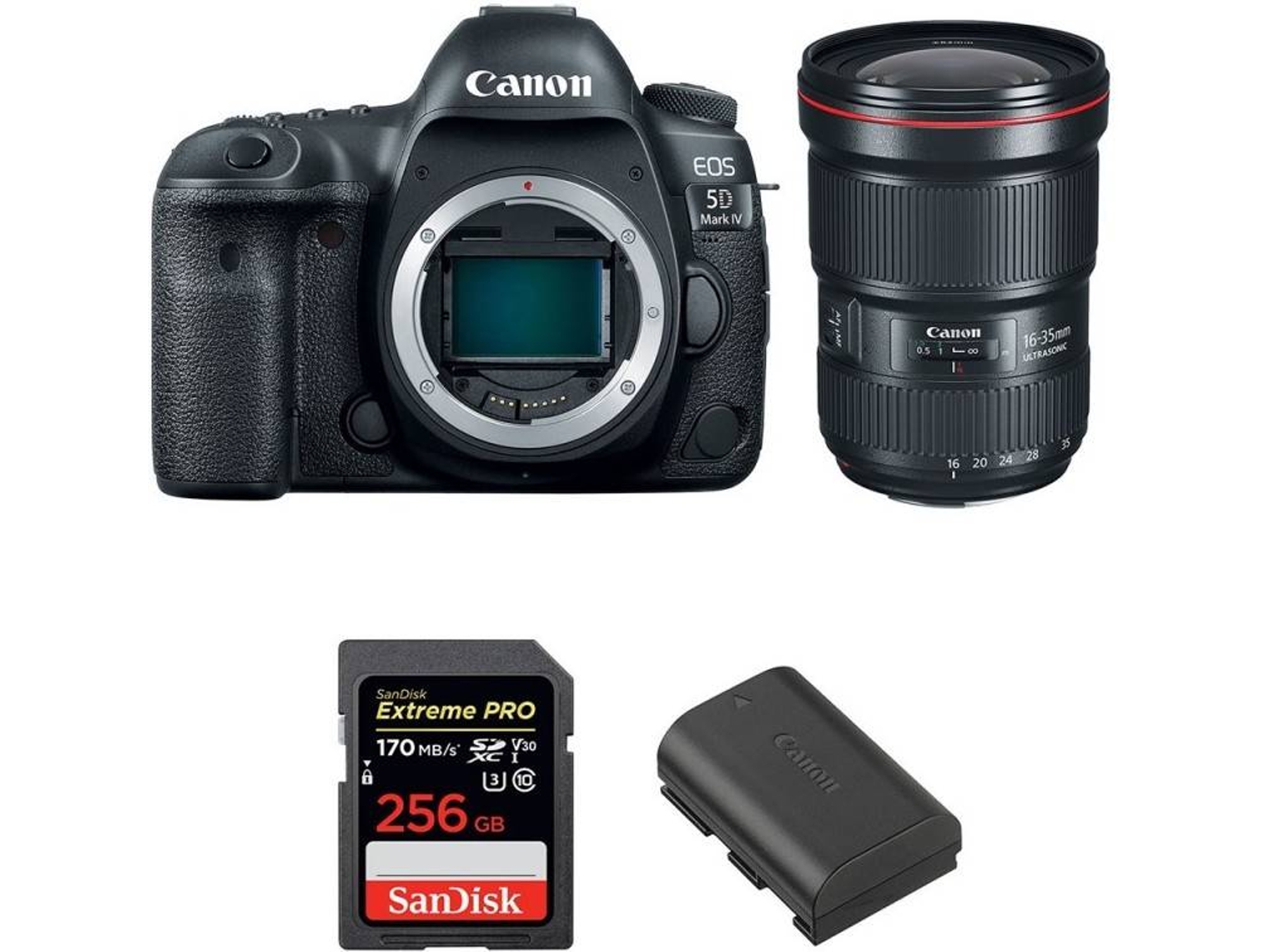 Kit Cámara CANON EOS 5D Mark IV + EF 16-35mm f/2.8L III USM + SanDisk 256 GB + Batería (Full-Frame)