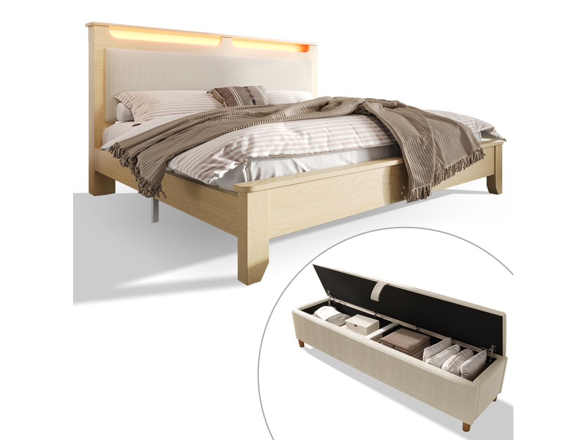 Cama Doble De Madera De 140x200, Banco Con Almacenamiento Led, Pana, Roble.