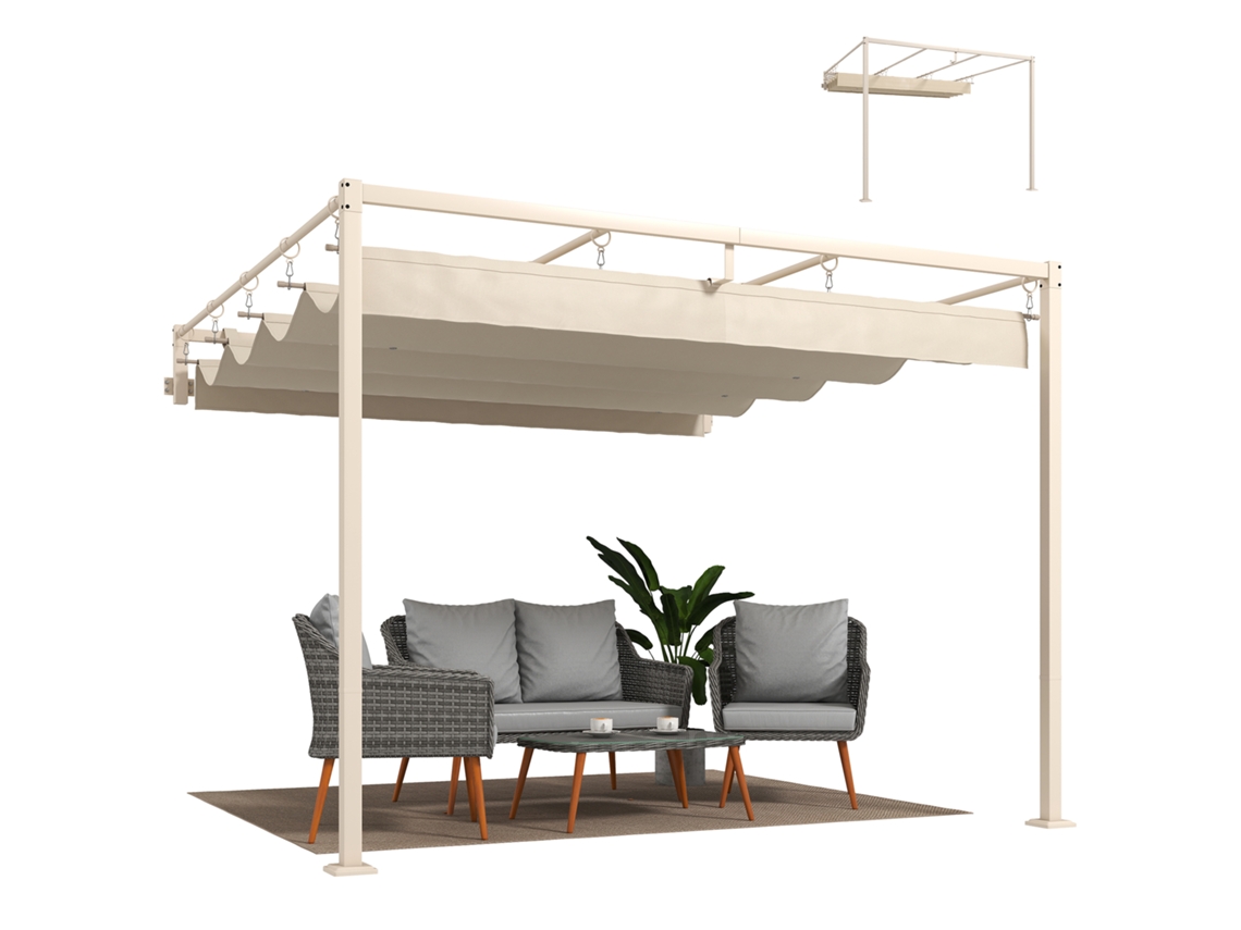 Pérgola de jardín de 3x3 m con techo retráctil, protección UPF30+ y barandilla de jardín exterior color beige.