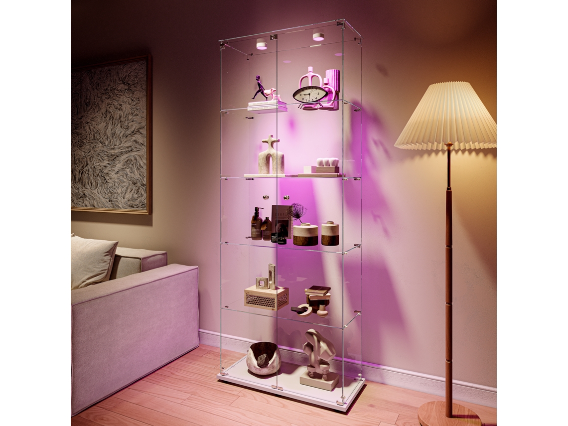 Vitrina De Cristal Led, Vitrina Vertical, 186x34,5x78,5cm, Vitrina Moderna De Cristal De 5 Niveles Y Doble Puerta Para Salón, Dormitorio, Vestidor
