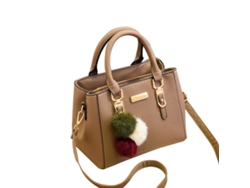 Bolso De Mano De Mujer De Pu Con Textura De Lichi Y Colgante De Pompón, Bolso De Hombro Caqui De Gran Capacidad.